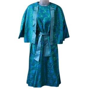 Beautiful Blue & Green Silk Handmade Dress & Jacket Set LG 60s Mod